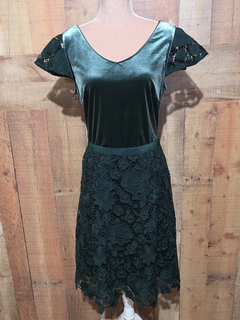 Isaac Mizrahi Dark Green Velvet & Floral Lace Dress